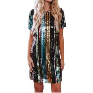 Mi Ami large rainbow multicolor sequin stripe mini dress D2 4435